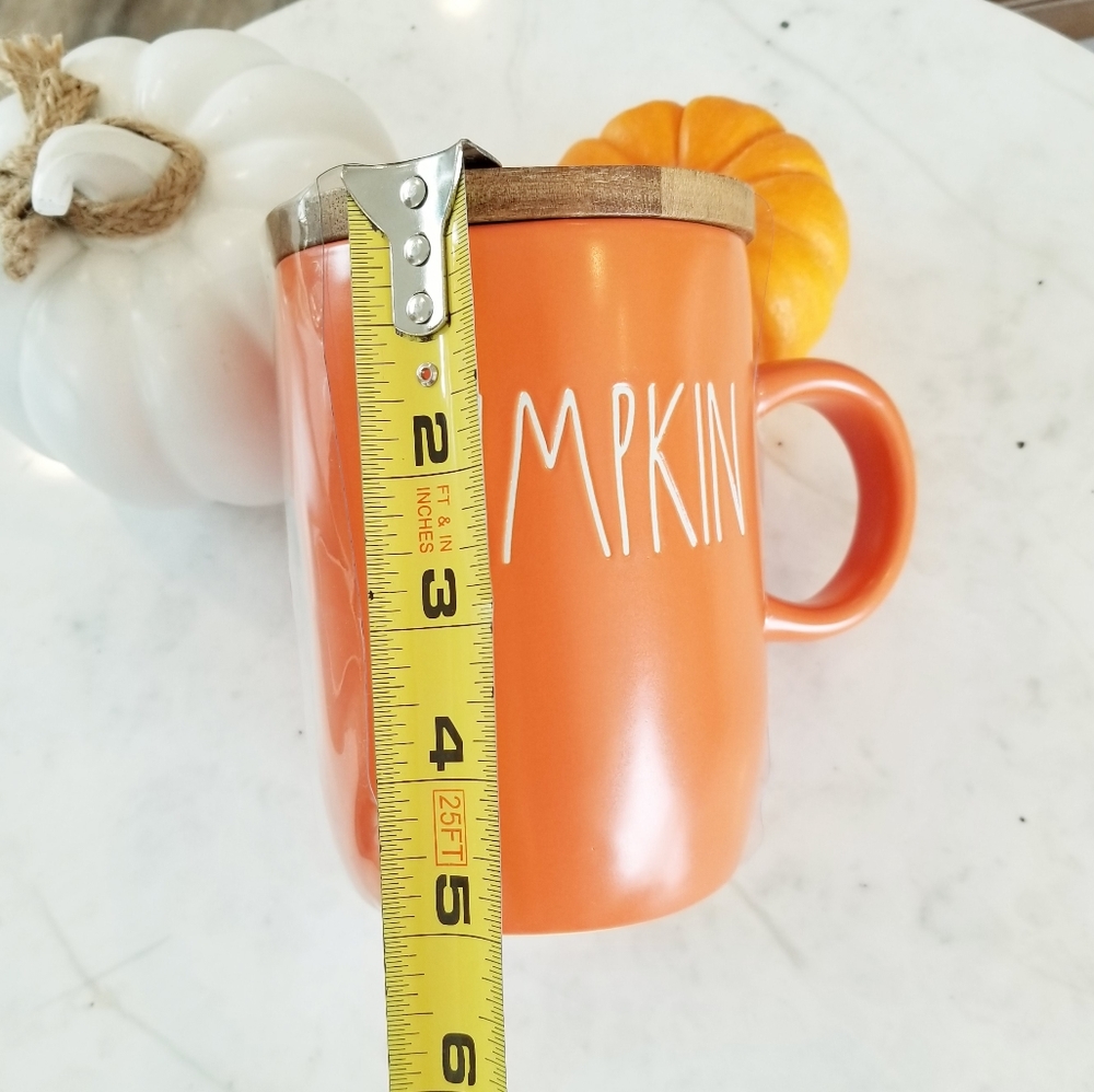 Rae Dunn Orange Pumpkin Fall Holiday Mug Coffee Cup Wood Lid with Leaf NWT - Picture 5 of 9